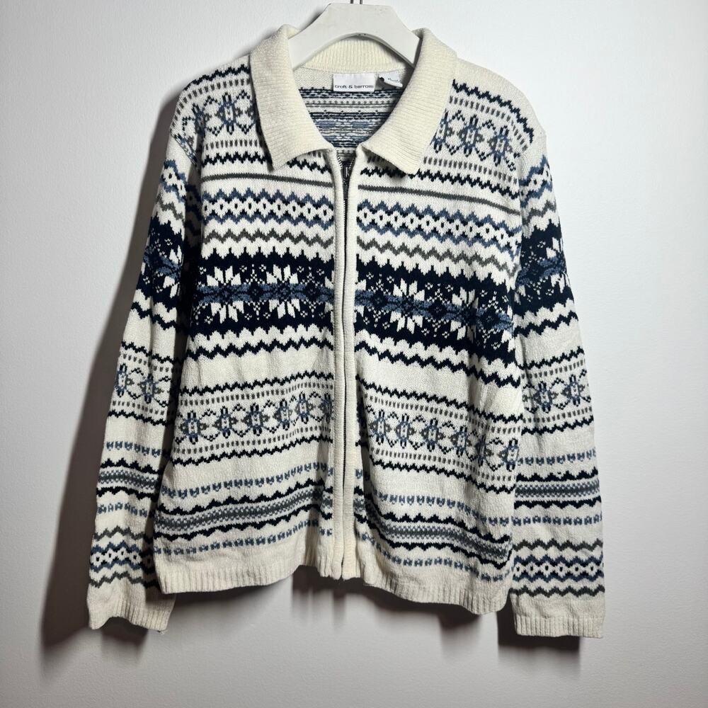 Croft & Barrow Jacket Women XL White Blue Fair Isle Full Zip Long Sleeve Sweater